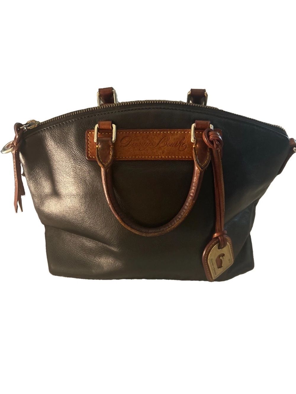 Dooney & Bourke Black Leather Florentine Satchel with Brown Trim